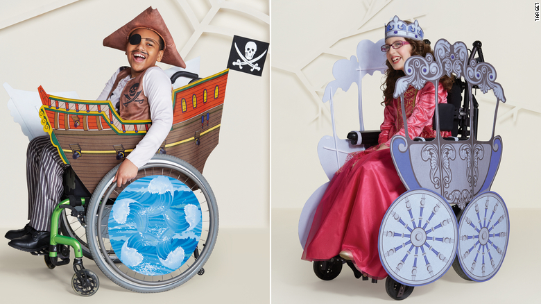 A smiling girlin a pink princess dress models target's princess carriage wheel covers. A smiling boy in a pirate costume models the pirate ship wheel covers that show the sides of a boat and ocean