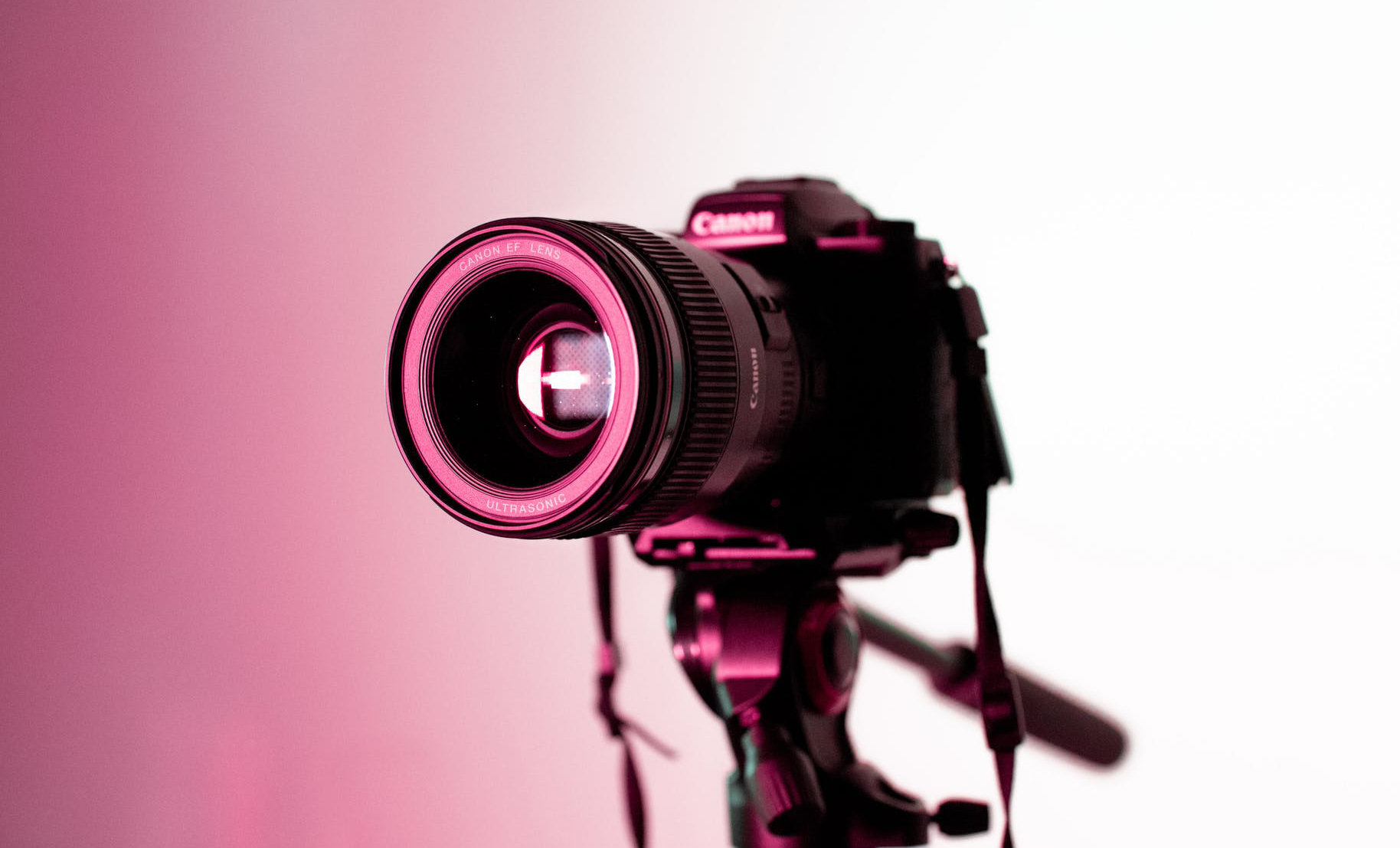 A camera is shown on a tripod.  The photo is list with pink lighting.