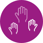 Purple circle with a white outline image of 3 open palm hands
