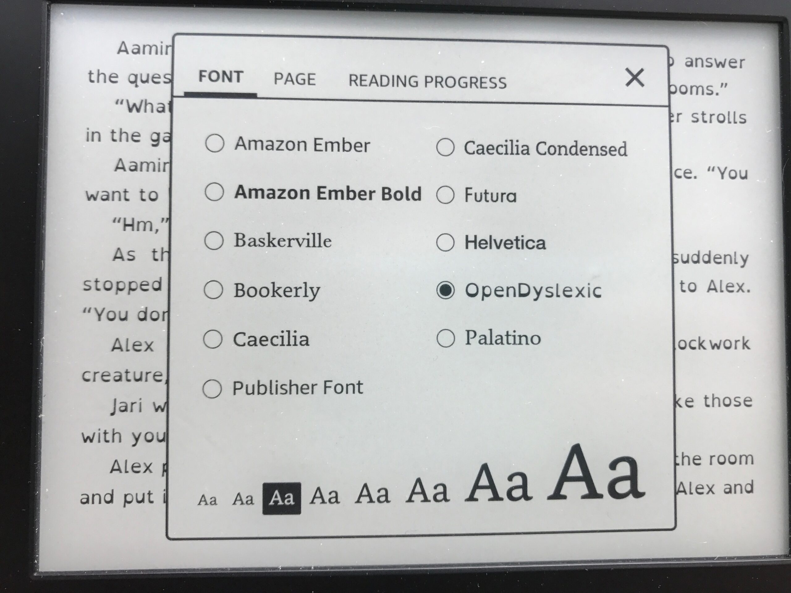 E-reader displaying a menu used to change the font of an e-book