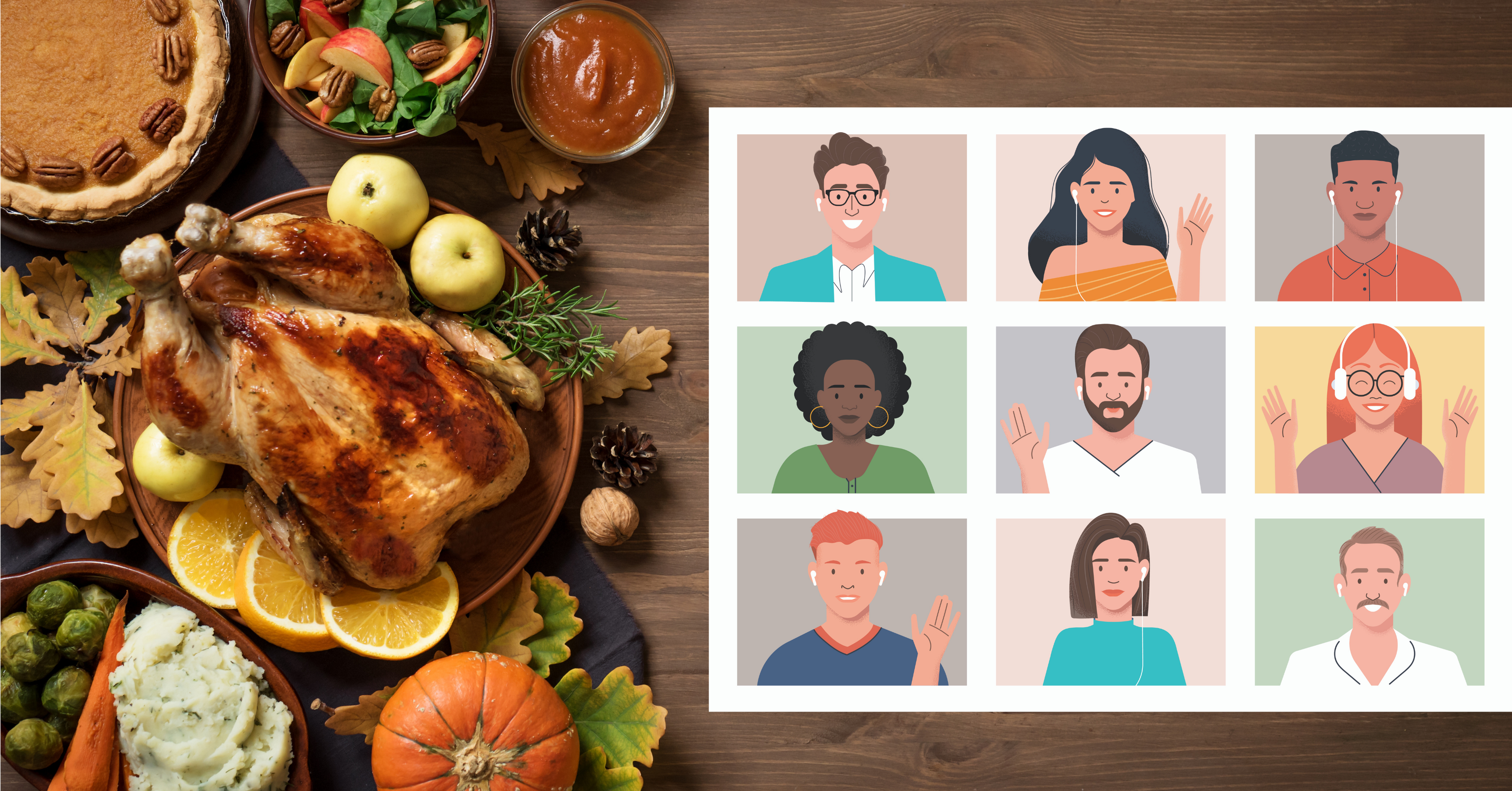 A Thanksgiving feast featuring a turkey and side dishes next to a video call graphic of 9 people.