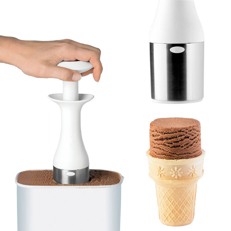 Photo of a person using the Ice Cream Scoop & Stack in a carton of frozen ice cream. The device is then shown putting ice cream onto a cone.