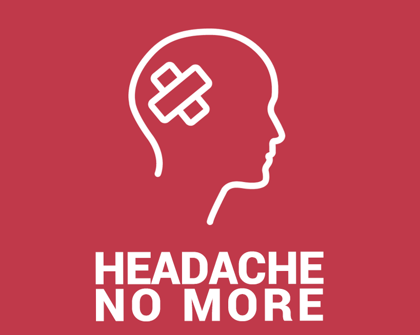 Outline of a human head with 2 band aids on it.  Text reads: headache no more