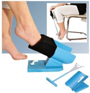 the sock slider consists of a rigid plastic shoot attached at an angle to a base that sits on the floor. The sock is opened over the shoot so the foot can slide in. The picture includes a foot sliding into the sock slider, the handle for taking off sokcs and for picking up the device.
