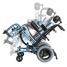 A manual wheelchair reclined back showing the various angles of the tilt in space feature
