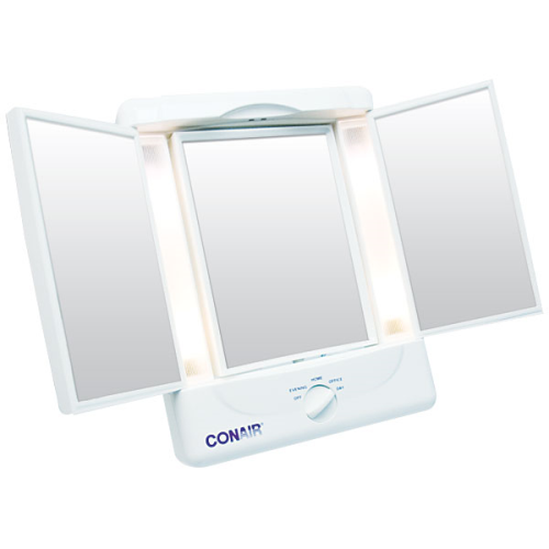 White Conair Illuminating Three Panel Makeup Mirror