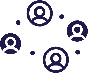outline of 4 single people inside of a circle. The people are forming a circle with a dot showing them connecting to form a group.