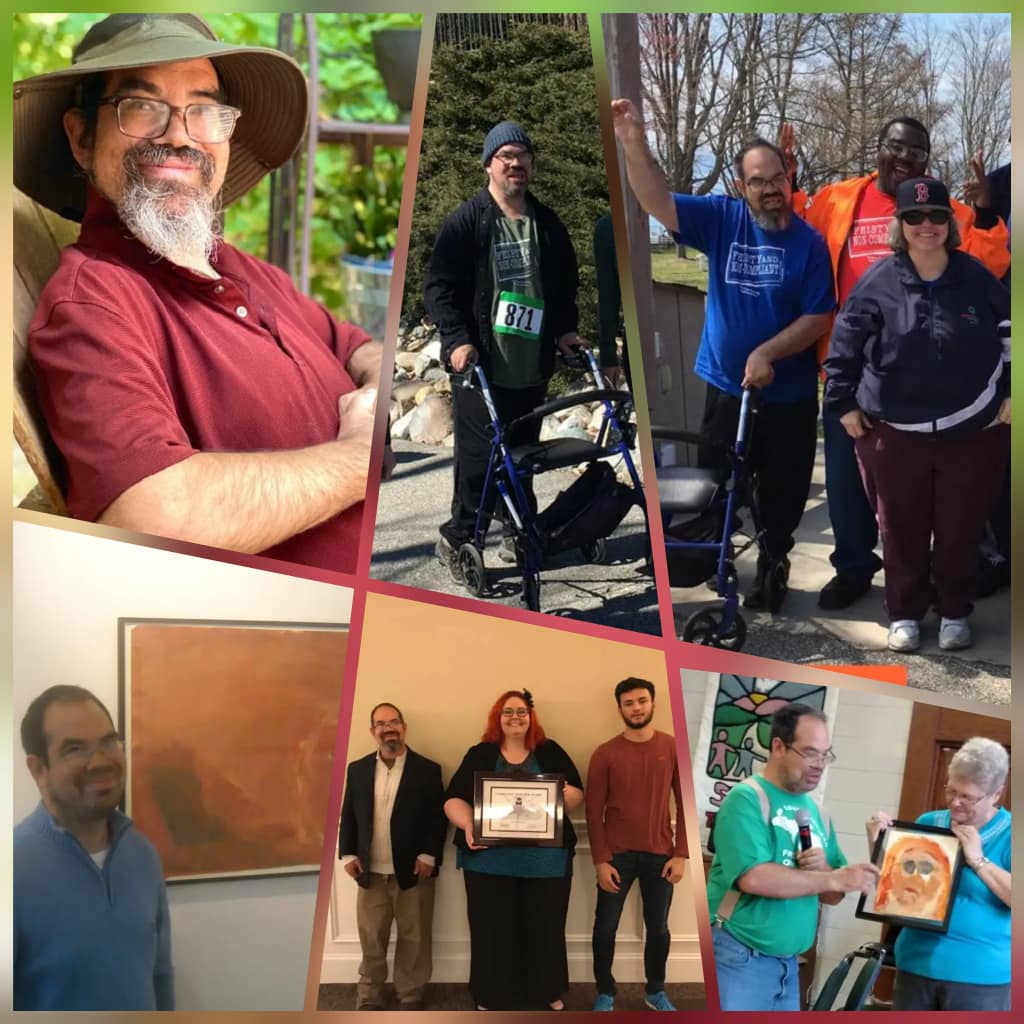 Image description: Several photos of Paul Miller, including Paul Sitting outside in a hat, participating in a 5k with his walker, standing with his fist in the air with a group, receiving an award for inclusion with coworkers, and standing next to his artwork. End image description.]